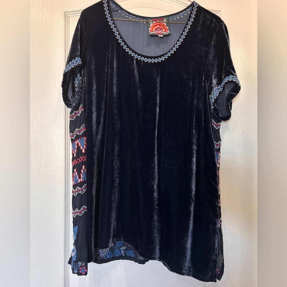 Johnny Was blue velvet embroidered tunic.